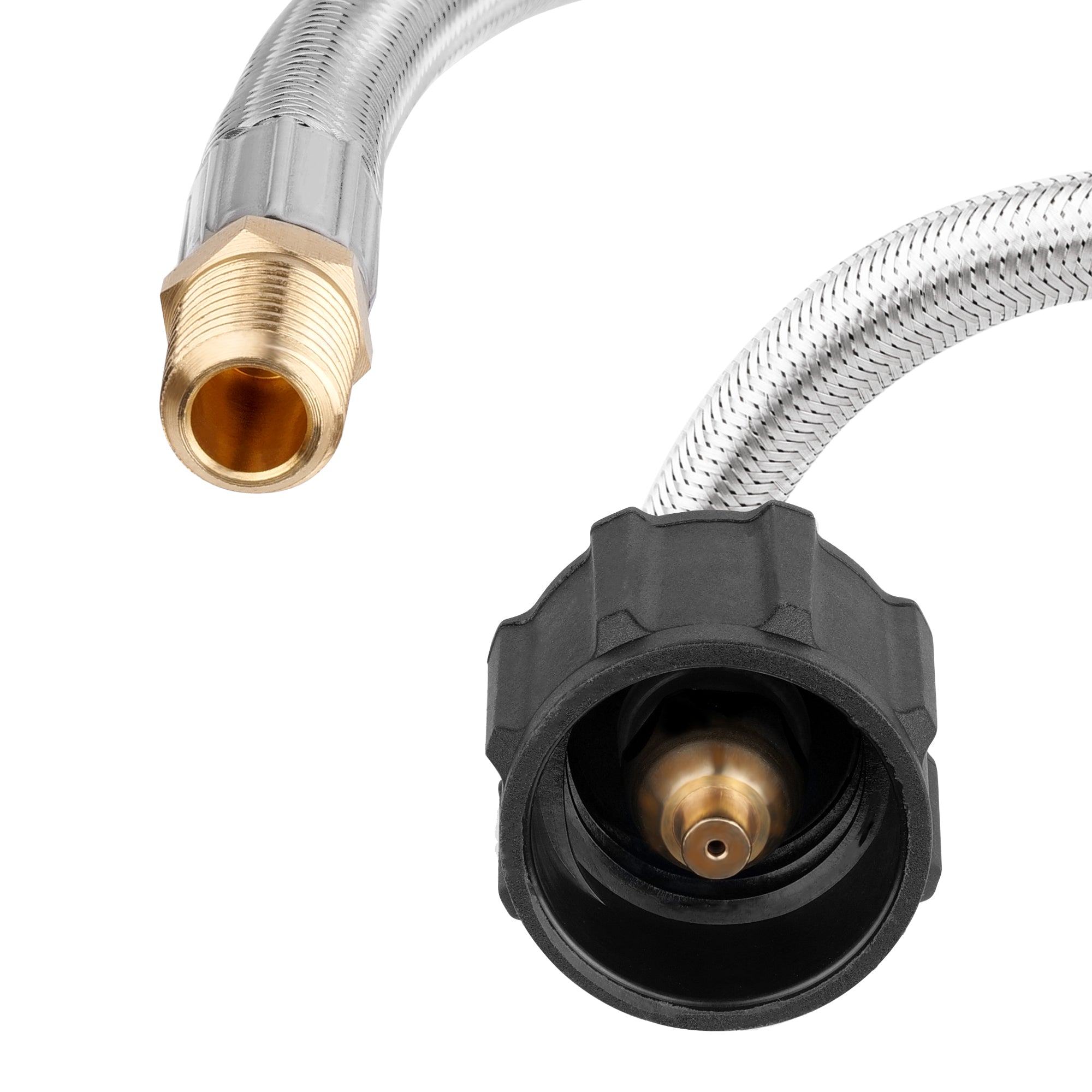 The Empava 2pcs 1/4" NPT Stainless Braided Hose EMPV-12EH42 features two slightly curved stainless steel hoses with brass connectors and black plastic fittings on one end, positioned parallel to each other against a white background.