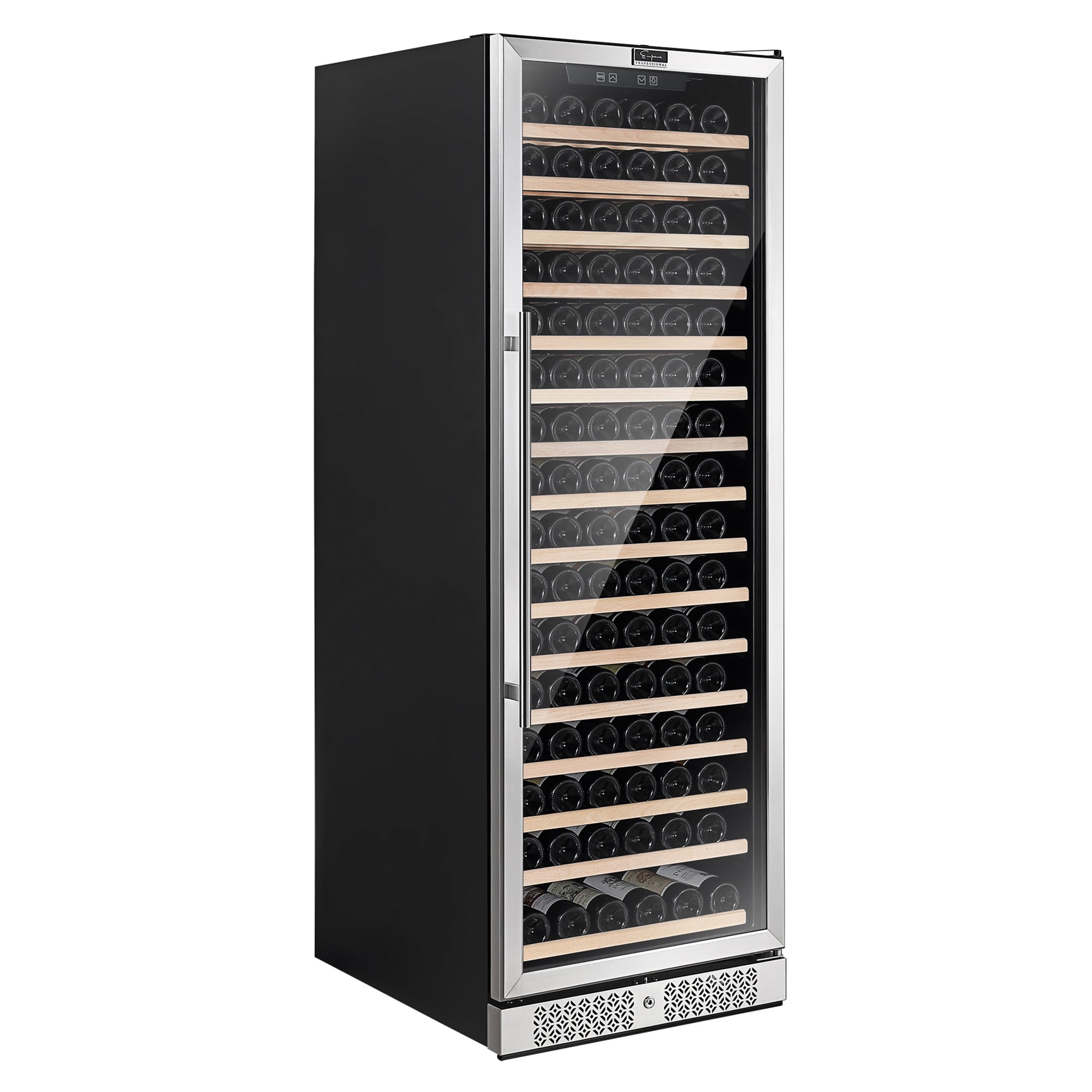 Introducing the Empava Wine Cooler 70" Tall Wine Fridge: a sleek, black wine refrigerator featuring a glass door with temperature control. Inside, you'll find multiple wooden shelves designed to hold numerous bottles of wine. The striking silver handle and door frame provide a beautiful contrast to the black exterior, while a vent at the bottom ensures optimal cooling conditions.