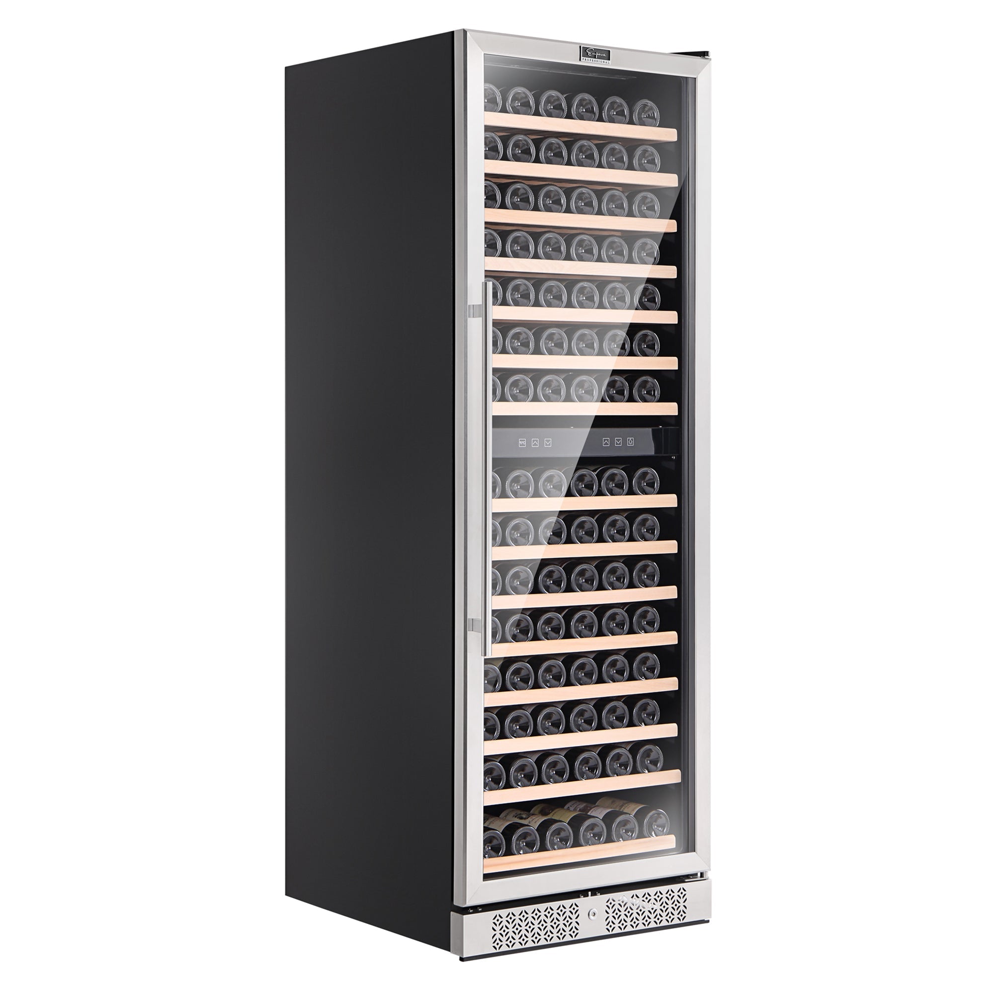 The Empava Dual Zone Wine Cooler 70" Tall Wine Fridge boasts a glass front door showcasing multiple shelves stocked with wine bottles. This sophisticated cooler features a sleek stainless steel frame and a central digital control panel. The dual zones ensure optimal temperature distribution, while the wooden racks store the bottles horizontally.