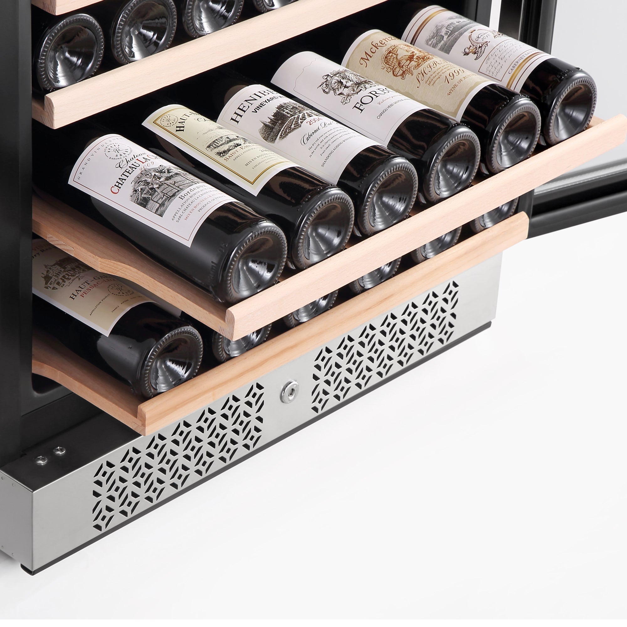 The Empava Dual Zone Wine Cooler 70" Tall Wine Fridge exhibits several rows of wine bottles stored horizontally on wooden shelves. The fridge includes a stainless steel vent at the bottom adorned with a geometric pattern. It offers dual zones for optimal temperature distribution, and the bottle labels are partially visible, showcasing a variety of wines.