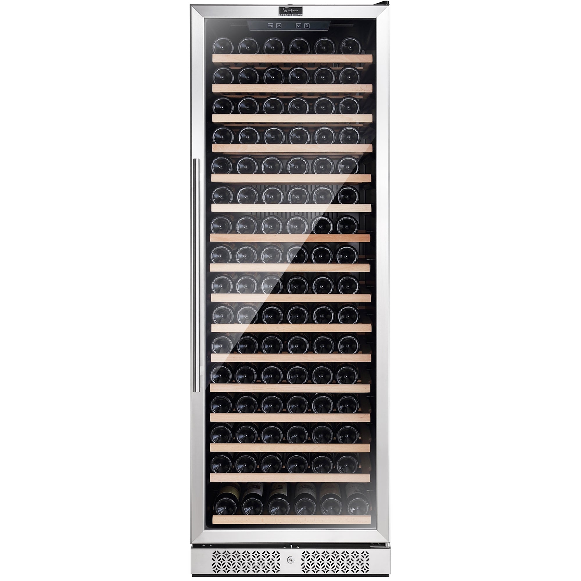 The Empava Wine Cooler 70" Tall Wine Fridge features a sleek glass door, revealing multiple shelves neatly stocked with wine bottles. It boasts a stainless steel frame, an impressive capacity, and a digital temperature display at the top for precise control.