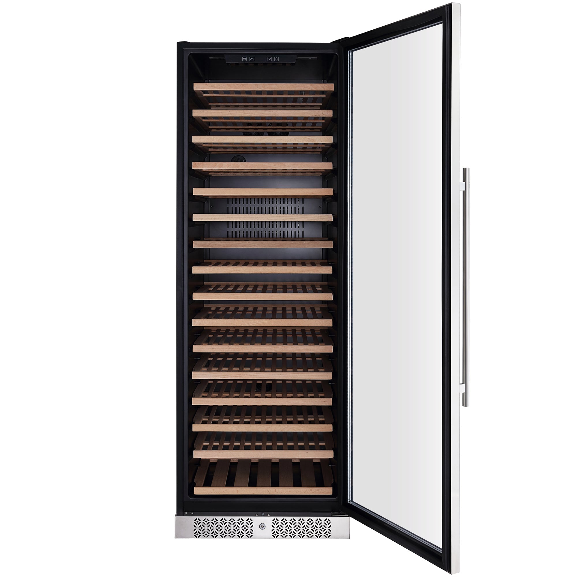 The image showcases the Empava Wine Cooler 70" Tall Wine Fridge, with a stainless steel handle and door. Inside, multiple wooden shelves and movable racks are revealed, providing ample storage for wine bottles. The interior is equipped with temperature control features to maintain optimal conditions for numerous bottles of wine. This fridge boasts an enormous capacity along with a modern, sleek appearance.