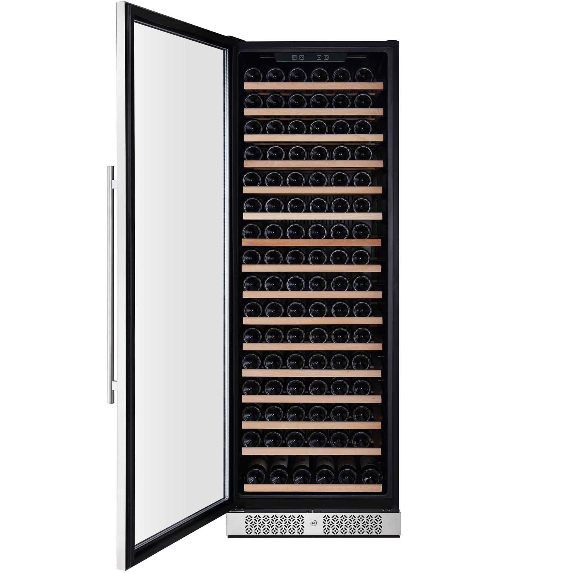 The Empava Wine Cooler 70" Tall Wine Fridge, with its glass door wide open, reveals multiple shelves filled with wine bottles. The interior boasts wooden, movable racks, while the top of the unit features a digital temperature control panel.