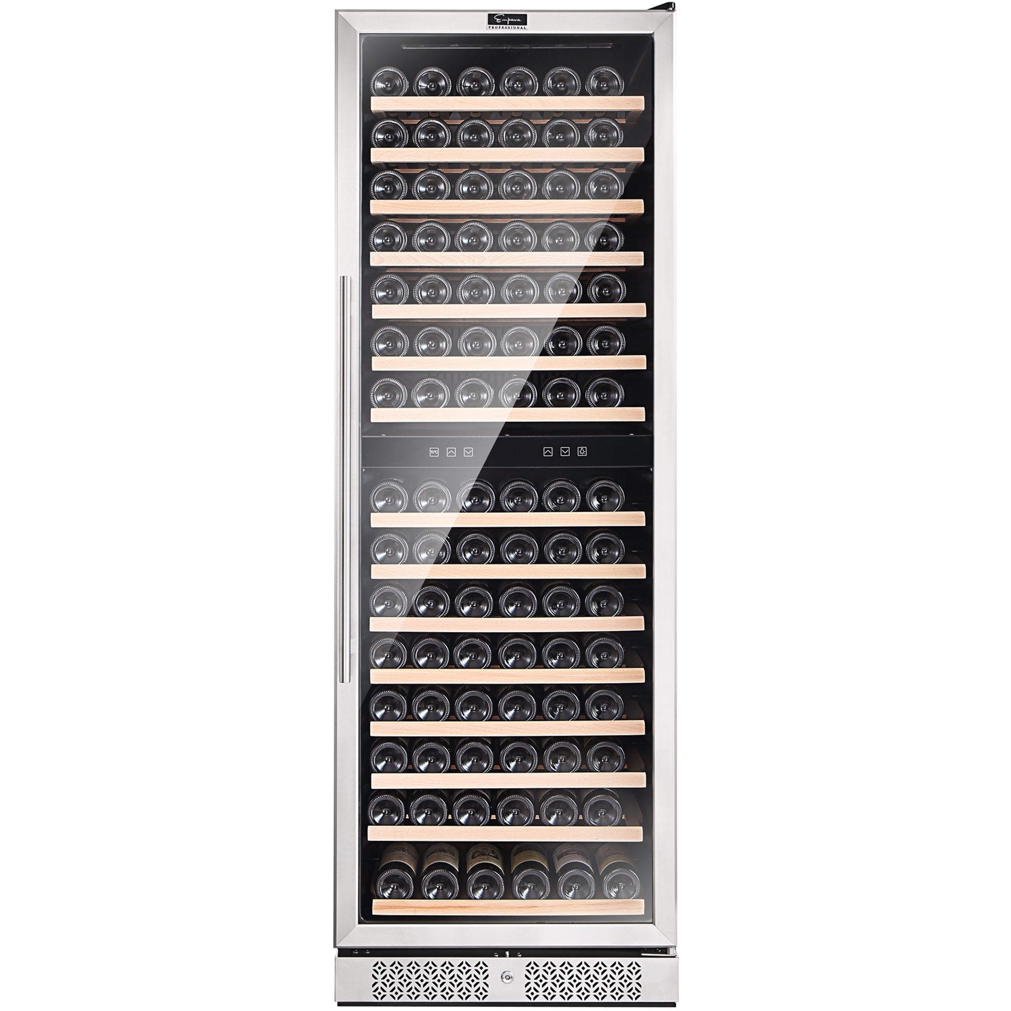 Standing at 70 inches tall, the Empava Dual Zone Wine Cooler features a sleek stainless steel design with a glass door that beautifully showcases multiple wooden shelves filled with wine bottles positioned neck-in. Combining modern aesthetics with practicality, this wine fridge includes dual zones and advanced digital temperature controls at the center for optimal temperature distribution.