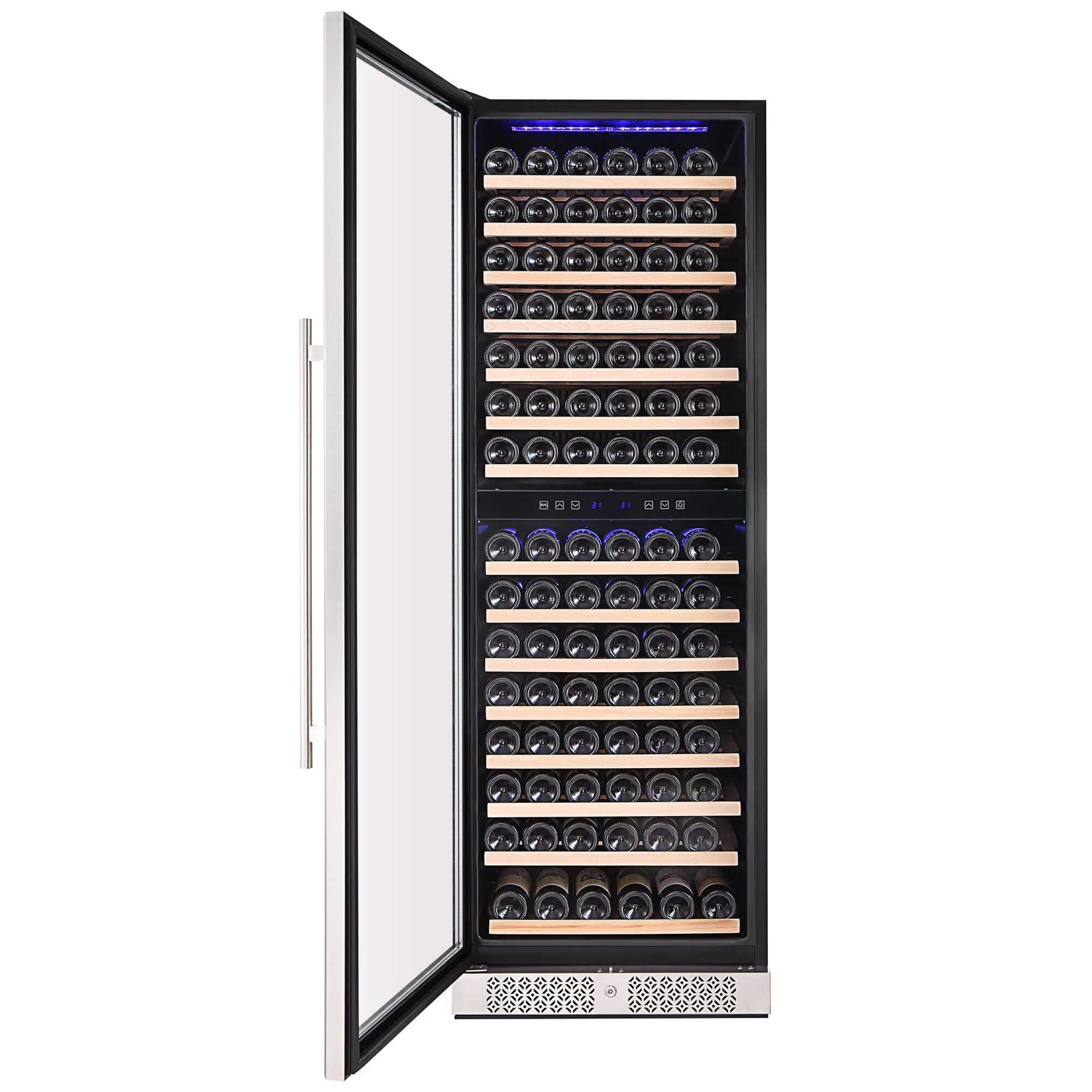 The Empava Dual Zone Wine Cooler 70" Tall Wine Fridge, crafted from stainless steel, showcases multiple rows of horizontally arranged wine bottles with its door open. The interior is illuminated by blue LED lighting, and a digital control panel in the upper middle section provides precise temperature control for its dual cooling zones.