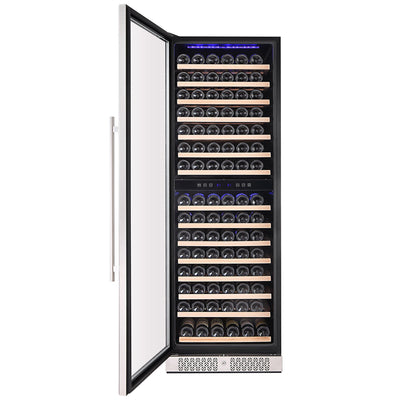 The Empava Dual Zone Wine Cooler 70" Tall Wine Fridge, crafted from stainless steel, showcases multiple rows of horizontally arranged wine bottles with its door open. The interior is illuminated by blue LED lighting, and a digital control panel in the upper middle section provides precise temperature control for its dual cooling zones.