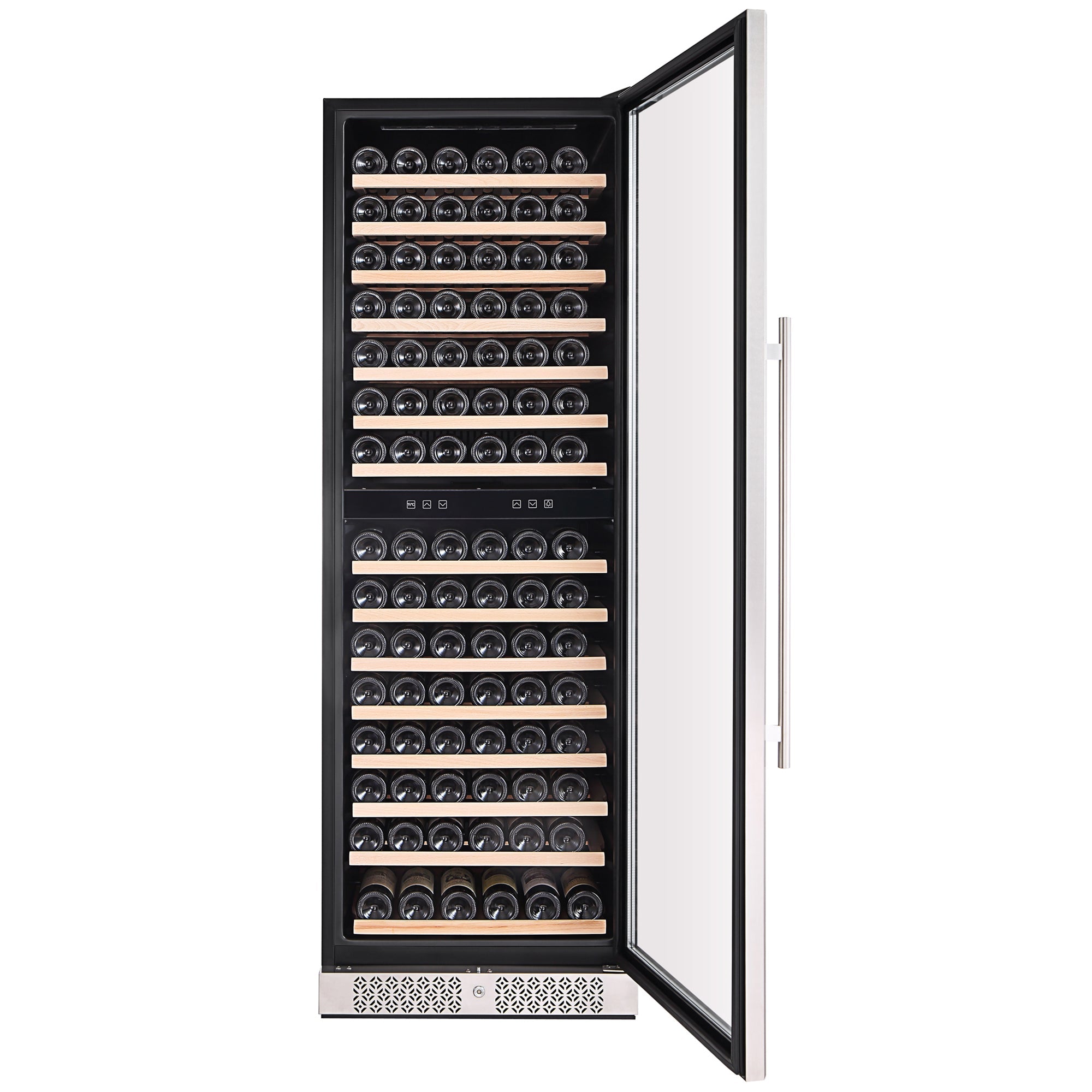 The Empava Dual Zone Wine Cooler 70" Tall Wine Fridge features a sleek stainless steel exterior and a glass door, currently ajar to reveal multiple wooden shelves neatly stocked with horizontally arranged wine bottles. It offers dual zones with digital temperature controls located in the middle section, ensuring optimal temperature distribution for all your wines.