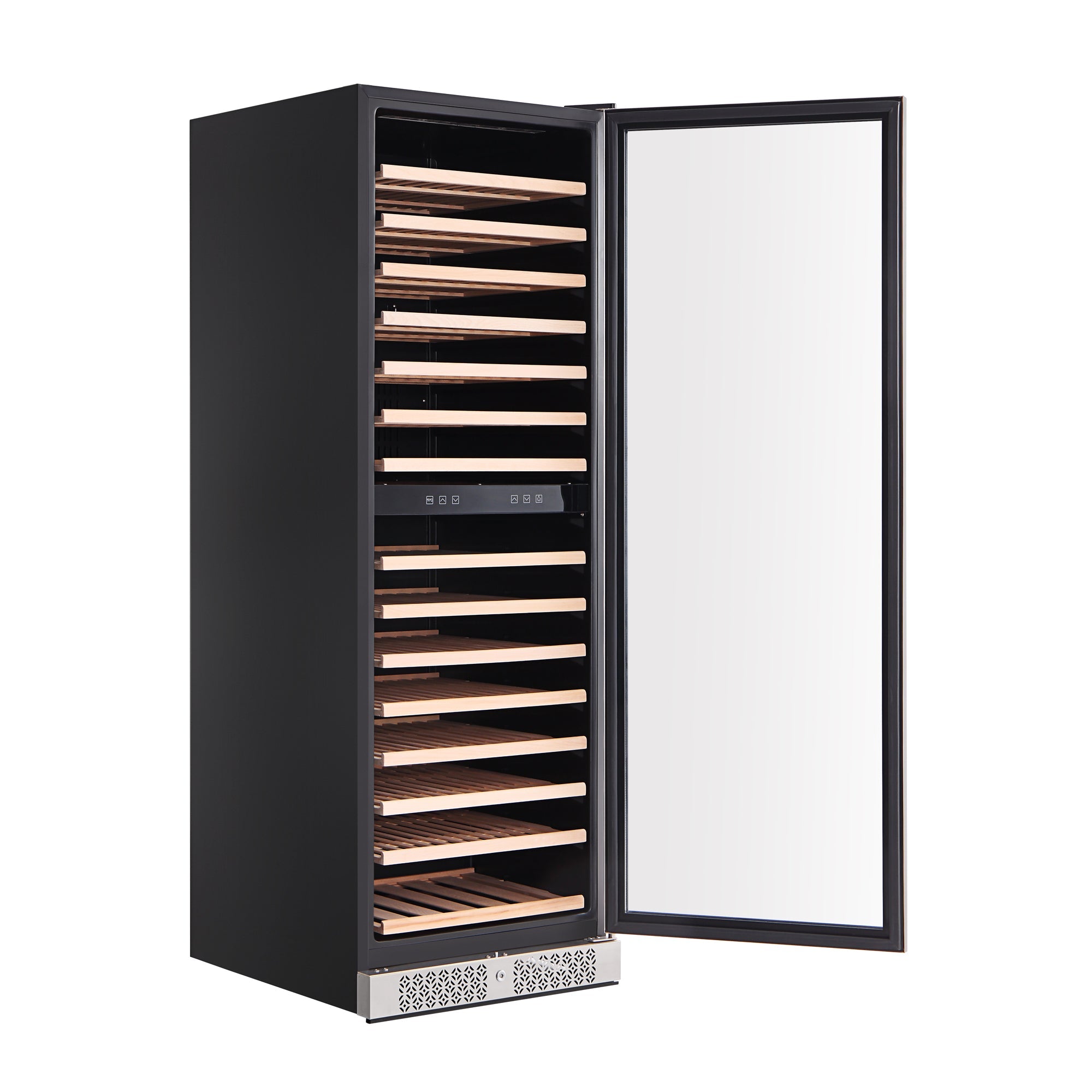 An Empava Dual Zone Wine Cooler 70" Tall Wine Fridge with a dark-colored finish and a glass door, slightly open to reveal multiple empty wooden shelves. This wine cooler boasts an enormous capacity and features a digital control panel near the top inside. The bottom part has a vented metallic section for optimal temperature distribution.