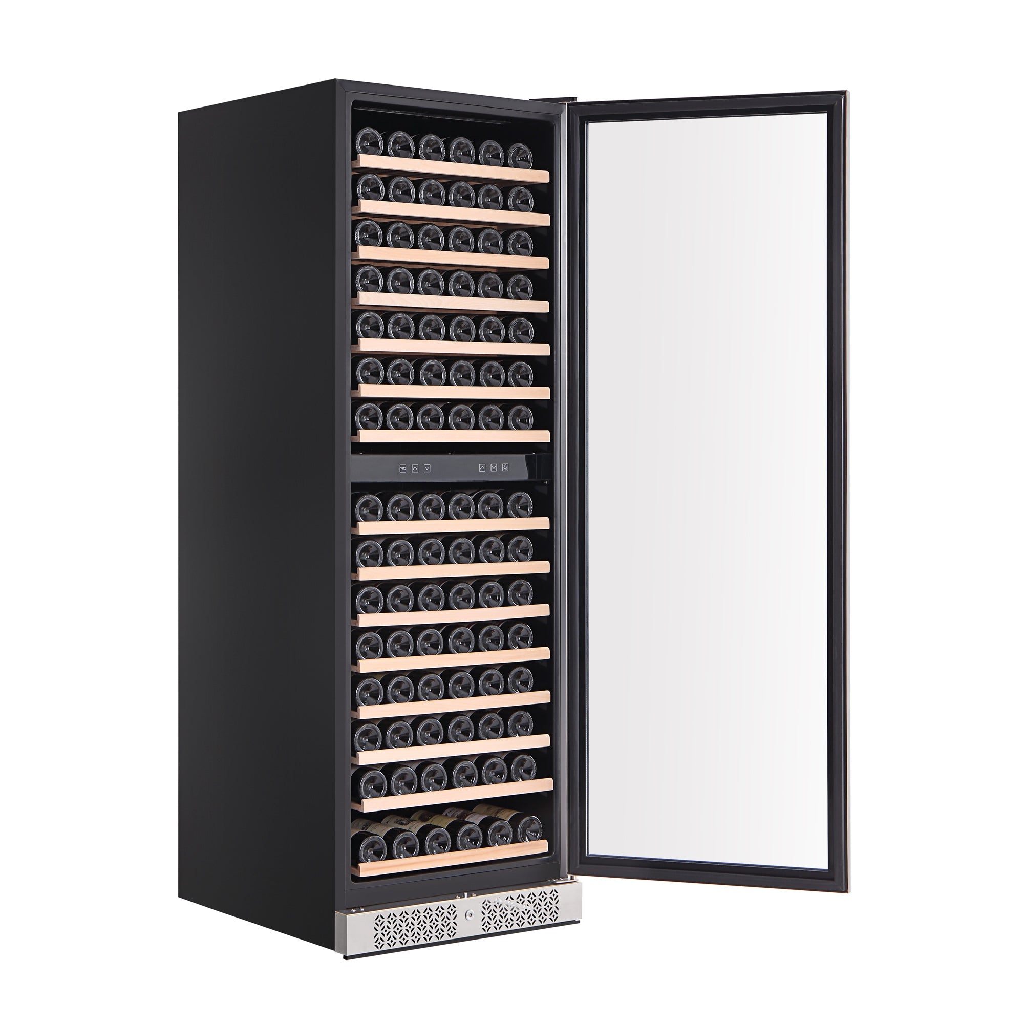 The Empava Dual Zone Wine Cooler 70" Tall Wine Fridge comes in a sleek black design with a glass door that opens to the right, revealing multiple rows of wine bottles neatly arranged on wooden shelves inside. This appliance features dual temperature zones with a digital control panel centrally located and a vented bottom section for optimal temperature distribution.