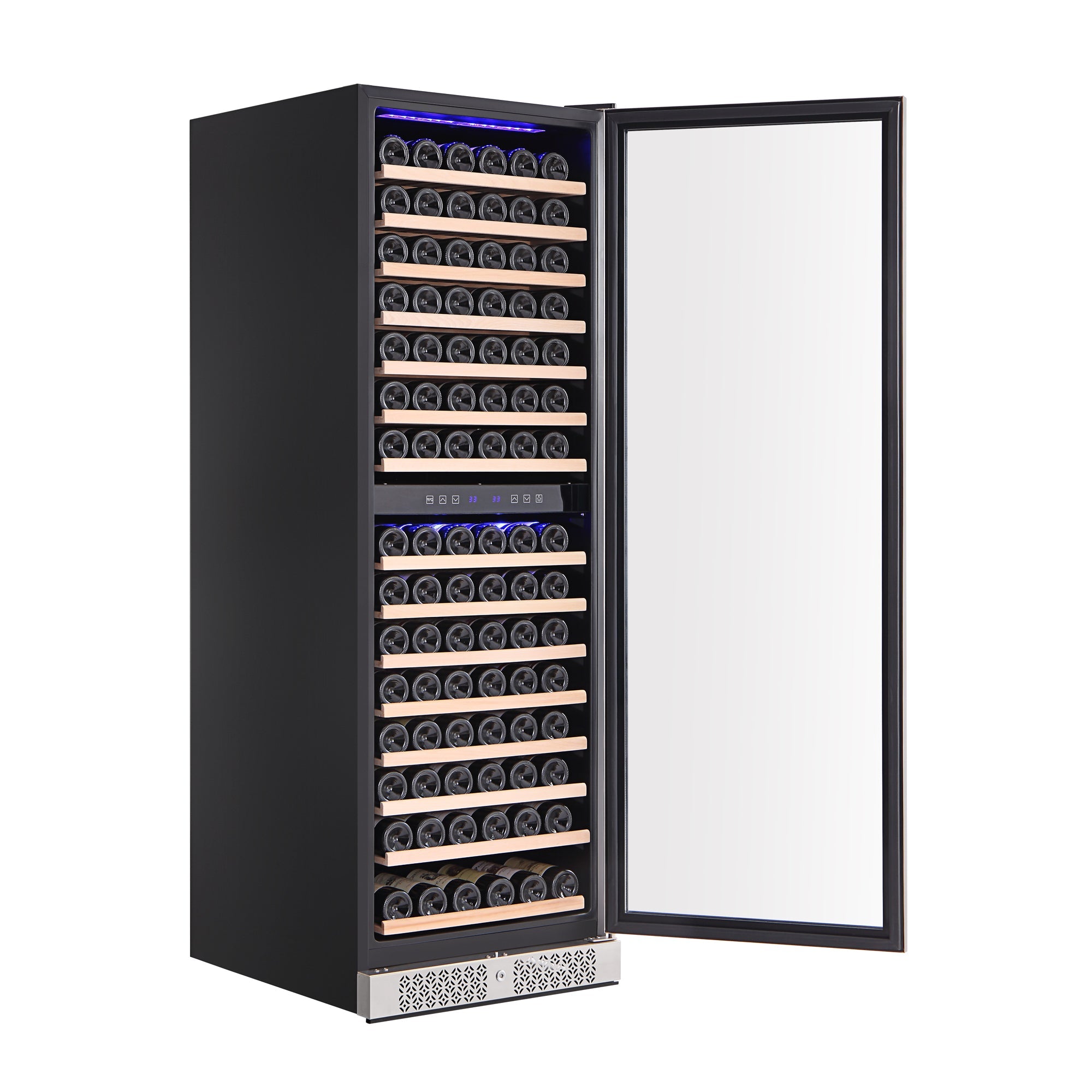 An Empava Dual Zone Wine Cooler 70" Tall Wine Fridge, featuring a black exterior and a glass door slightly ajar, reveals rows of wine bottles neatly stored on wooden shelves. The interior showcases a digital control panel for temperature settings and dual zones for optimal temperature distribution. The fridge boasts a modern and sleek design.