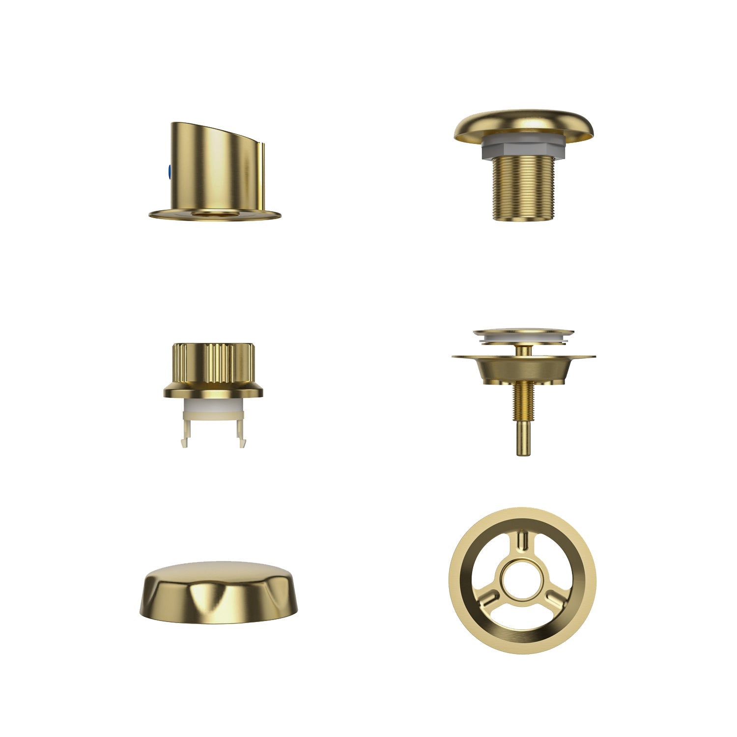 Image of assorted Bathtub Faucet Fixtures for EMPV-59JT319LED Corner Tub by Empava, featuring handles, spouts, and mounting pieces. The components are arranged in two vertical rows against a white background and showcase a shiny, gold-colored finish.