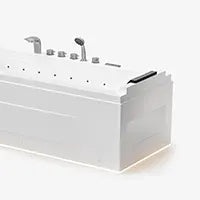 The Custom Function is a modern, rectangular white bathtub featuring built-in controls and a hand shower attachment on the side. It boasts a sleek design with clean lines and a minimalistic appearance.