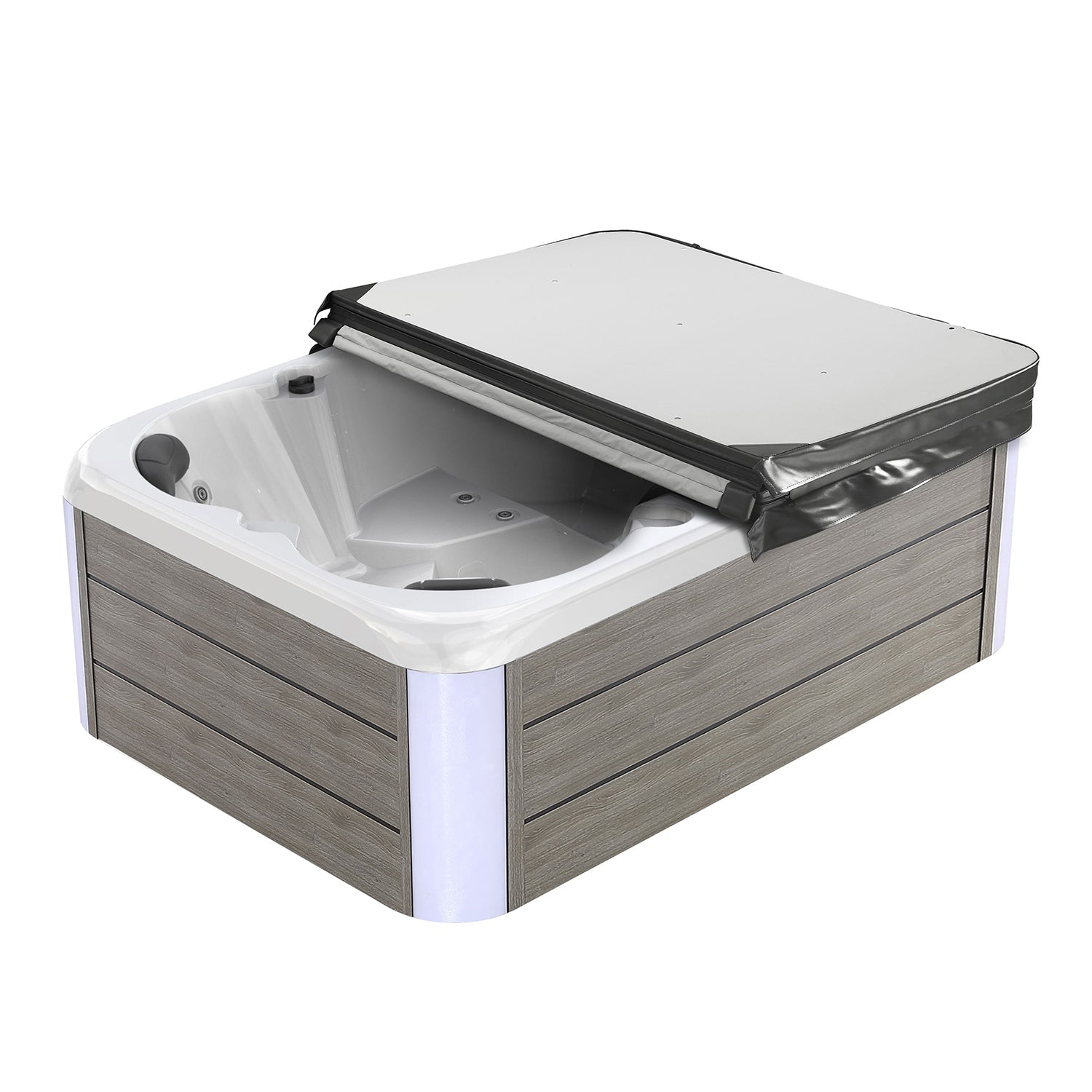 The Outdoor Hot Tub Cover for Empava SPA3527 showcases a partially open gray design. The hot tub itself features a sleek, modern aesthetic with wooden paneling on the exterior, a white interior, and built-in contoured seats and jets.