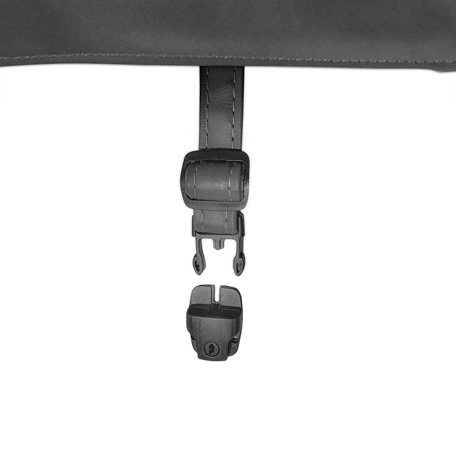 Close-up of a black strap featuring a quick-release buckle system, specifically designed for the Outdoor Hot Tub Cover For Empava SPA3527. The strap is fastened to a grey, leather-like material at the top of the image. The buckle components are separated, with the male end oriented towards the female end, highlighting Empava's precise design and craftsmanship for their hot tub cover.