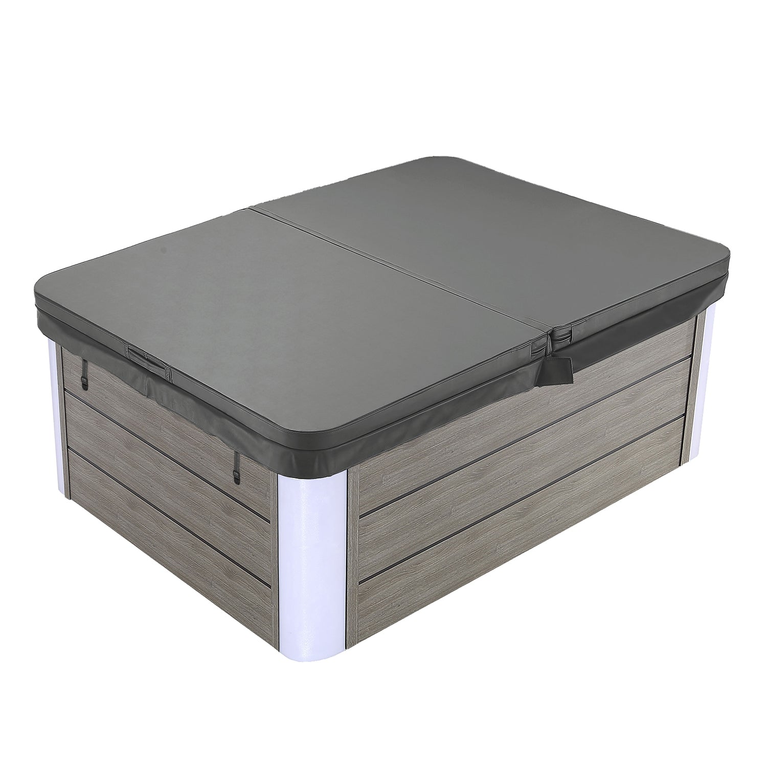 A rectangular Empava SPA3527 hot tub with a wooden finish exterior and a closed grey Outdoor Hot Tub Cover. The well-fitted cover is secured in place. The hot tub boasts smooth, minimalist design lines and light grey panels on the corners.