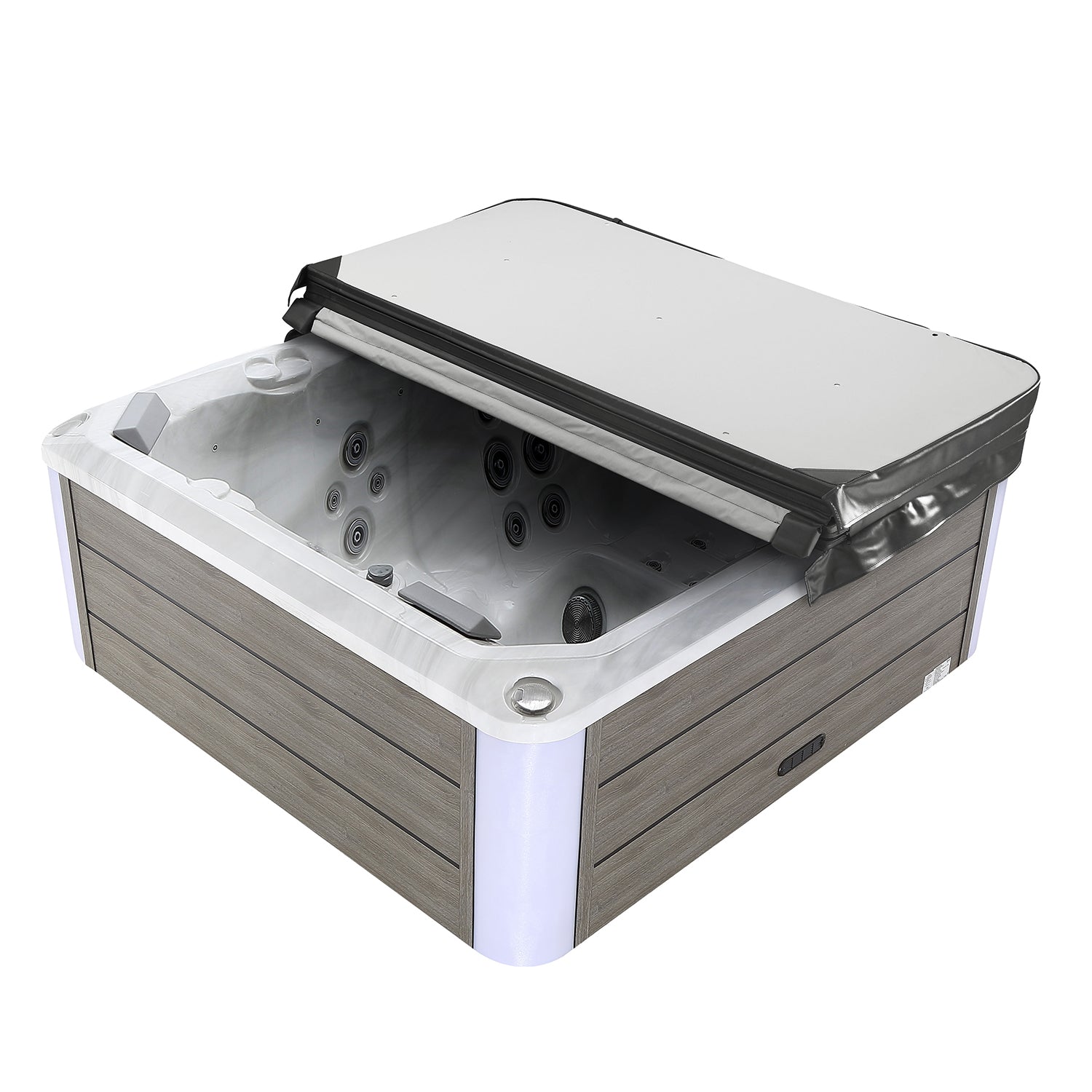 A white and grey Empava SPA3528 hot tub with a partially opened black cover. This outdoor hot tub features multiple water jets and wooden panel siding. Its modern, sleek design offers a luxurious look for outdoor relaxation or spa settings.