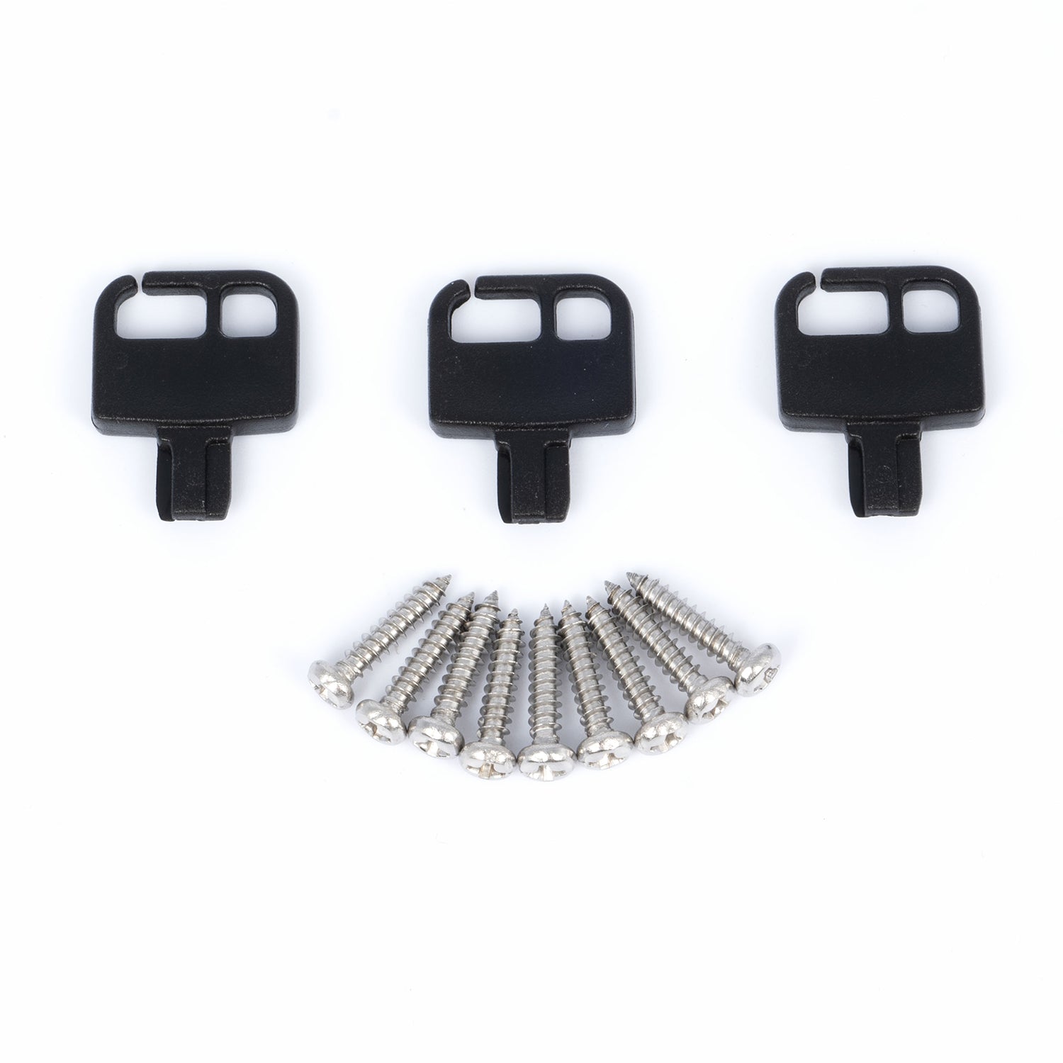 Three black plastic keyboard keycap pullers are arranged in a row above a semi-circle of fifteen silver screws on a white background. The arrangement resembles a smiling face, much like the feeling you get when using the Outdoor Hot Tub Cover for Empava SPA3528.