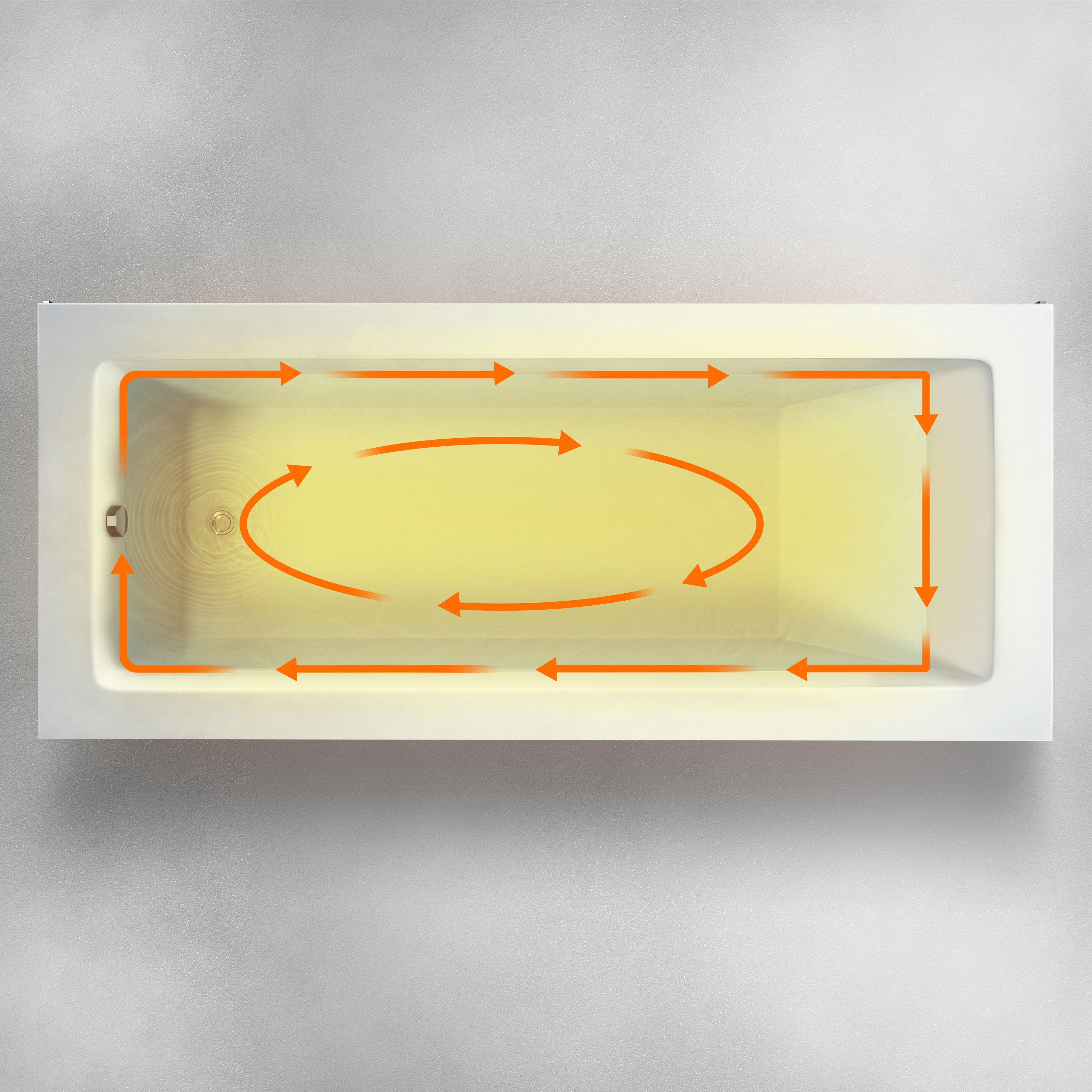 The Custom Function bathtub is depicted from a top-down perspective featuring orange arrows that illustrate the water circulation pattern. The arrows flow in a circular motion along the perimeter and form an oval shape in the center.