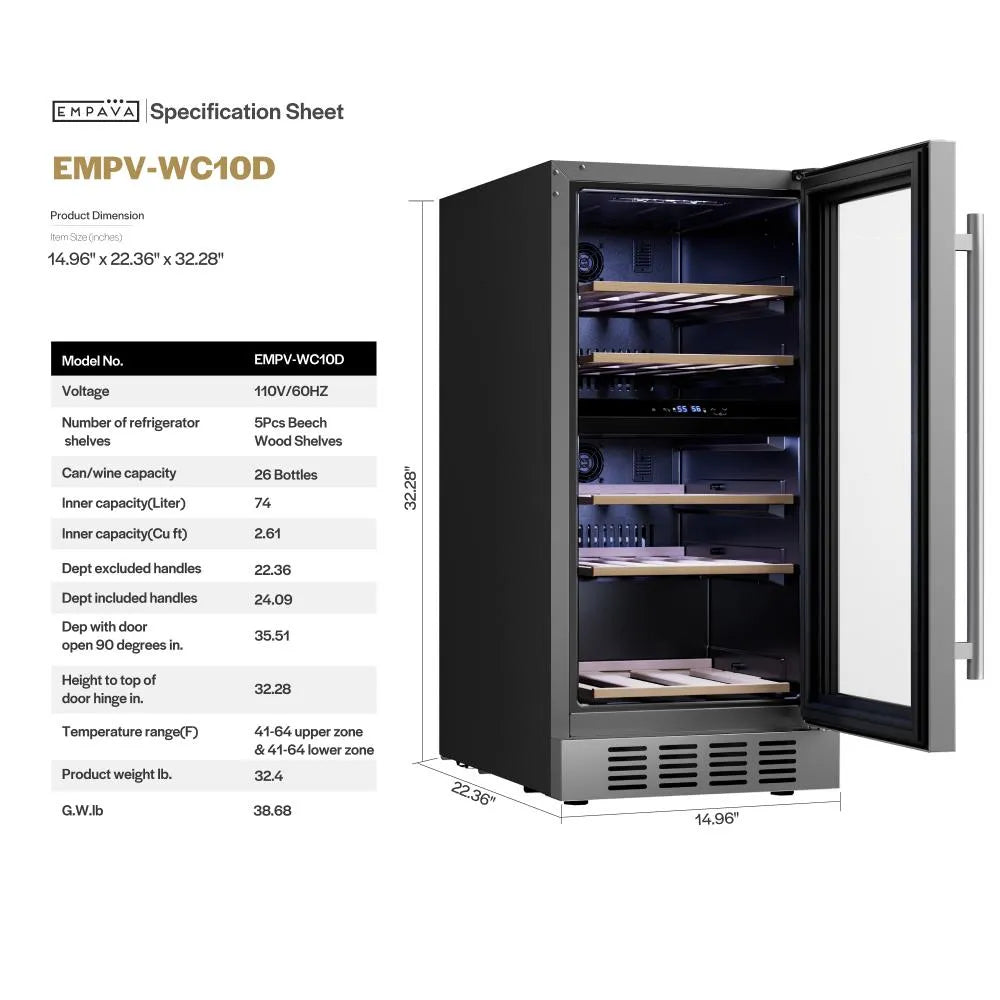Empava 15 Inch Dual Zone Small Wine Fridge 26 bottles