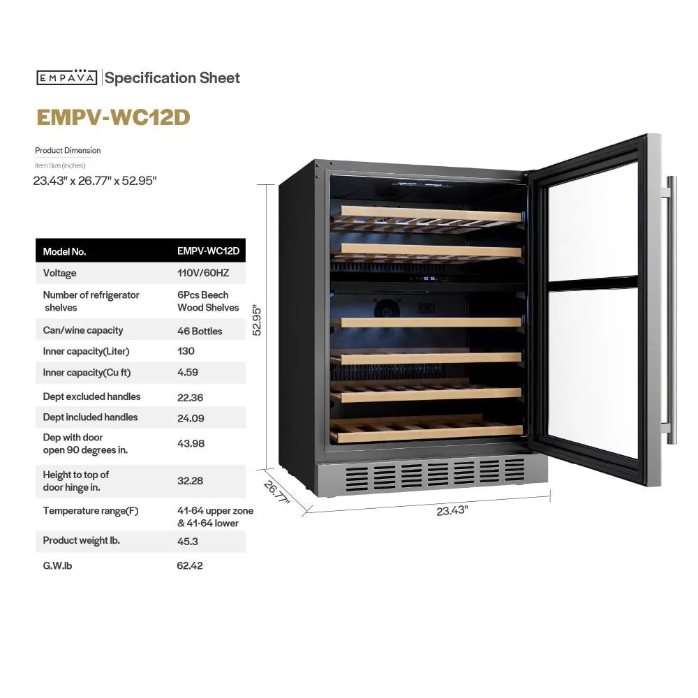 Empava Enfriador de vino de doble zona de 24 pulgadas Refrigerador de vino
