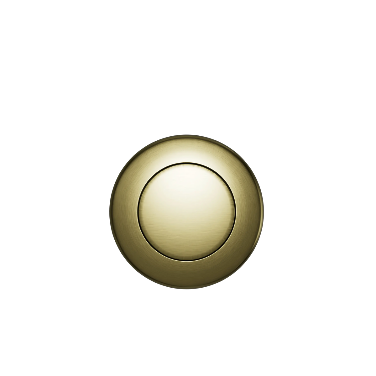 A Custom Drain Cap Finish featuring a round, golden, metallic design with a smooth, sleek surface and a smaller raised circle in the center. The minimalistic and elegant design softly reflects light against a black background.