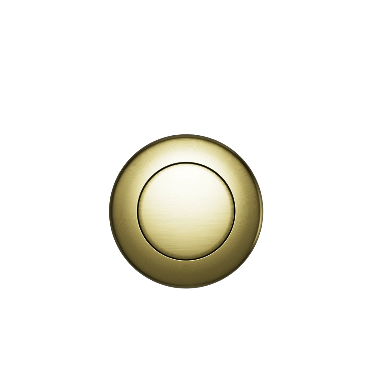 A Custom Drain Cap Finish featuring a shiny, round, gold-colored design with a slightly recessed center on a black background.