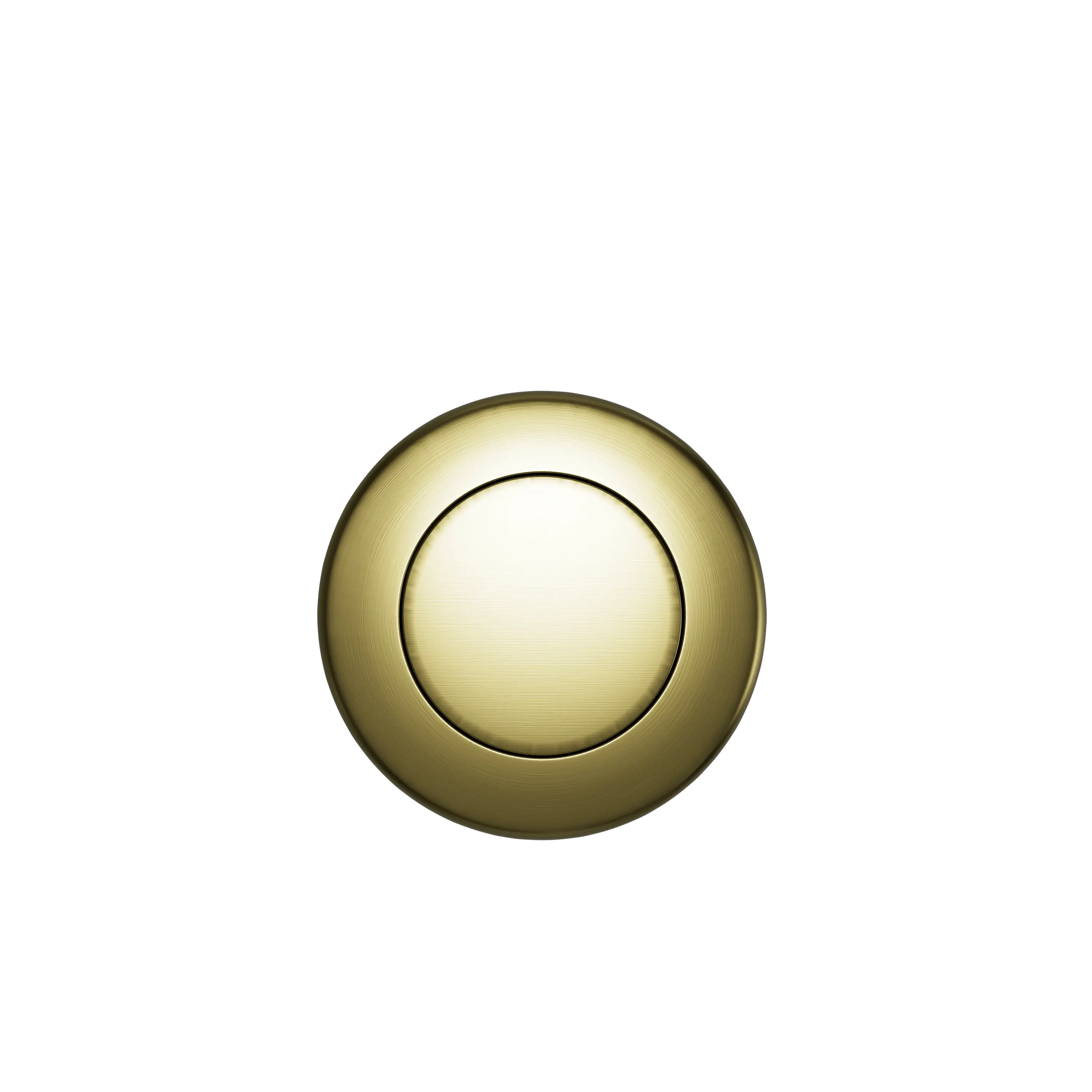 A Custom Drain Cap Finish featuring a shiny, round, gold-colored design with a slightly recessed center on a black background.