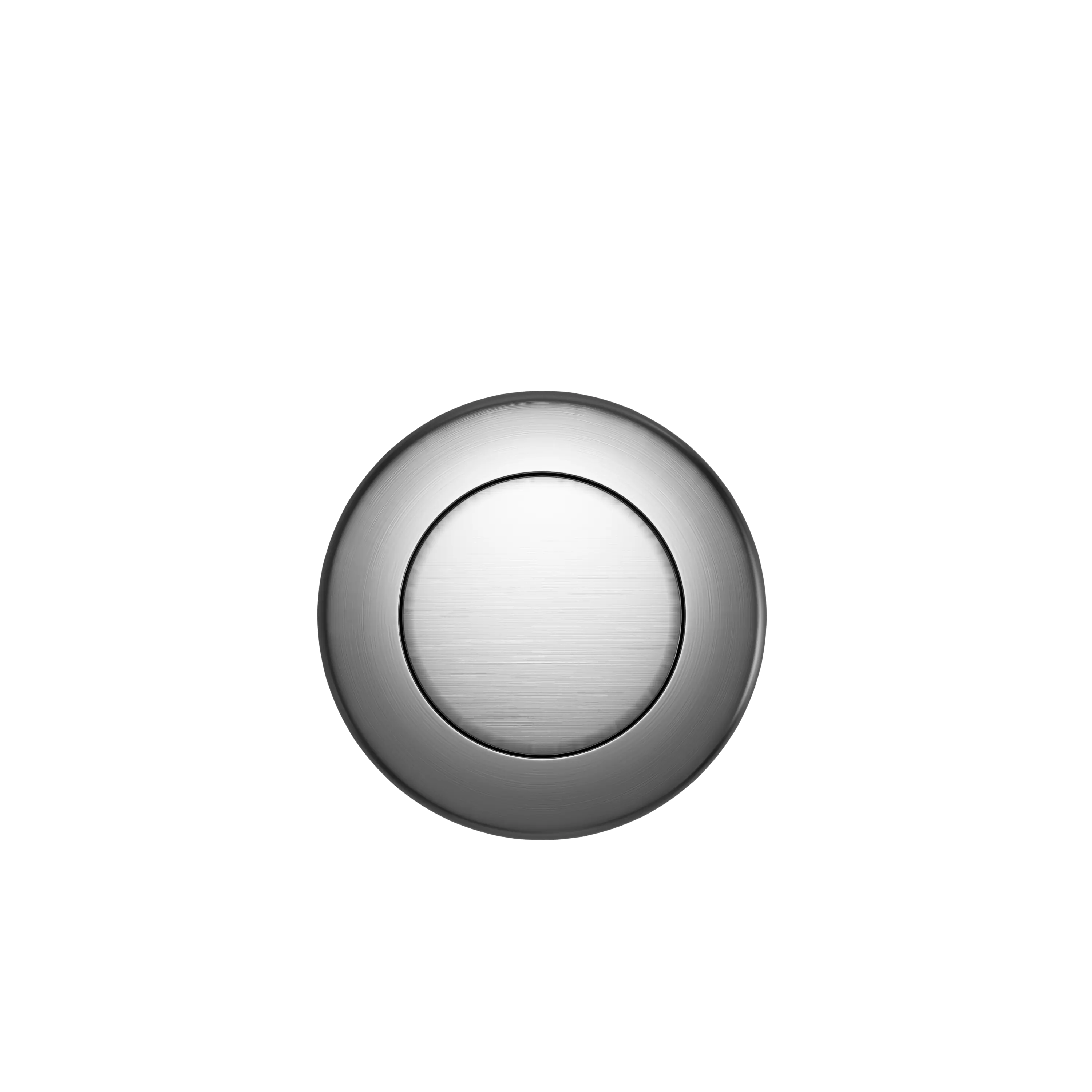 A Custom Drain Cap Finish with a round, metallic design featuring a silver finish and a slightly recessed center, resembling a modern doorbell or minimalist light switch, set against a transparent background.