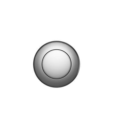 A Custom Drain Cap Finish with a round, metallic design featuring a silver finish and a slightly recessed center, resembling a modern doorbell or minimalist light switch, set against a transparent background.