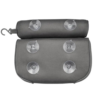 The Soft Bathtub Pillow for Whirlpool Spa Tubs is a Dark Grey mesh back rest equipped with six clear suction cups for secure attachment. It also includes a cylindrical padded headrest along with an integrated hook for convenient hanging.