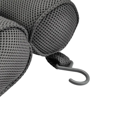 Close-up of the Dark Grey, mesh-covered Soft Bathtub Pillow For Whirlpool Spa Tubs. The pillow features a plastic hook for convenient hanging or securing to luggage. The breathable mesh material is designed for ultimate comfort.