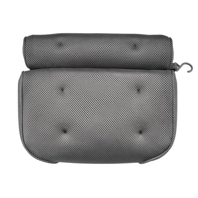 The Soft Bathtub Pillows For Whirlpool Spa Tubs is displayed in Dark Grey with a cushioned design and a mesh cover. It features a rectangular shape with an elevated upper section for head support and includes a convenient hook on the side for hanging. The surface of the pillow has multiple button-like indentations.