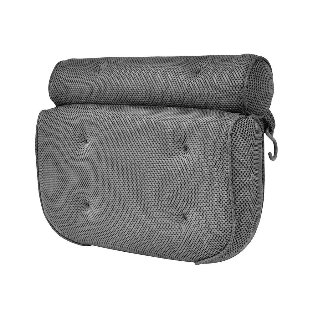 Introducing Soft Bathtub Pillows For Whirlpool Spa Tubs: A gray, ergonomic bath cushion featuring a textured, breathable fabric with a cylindrical headrest securely attached at the top. The design is enhanced with button-tufted accents and includes a convenient carrying strap on the side for easy transport.