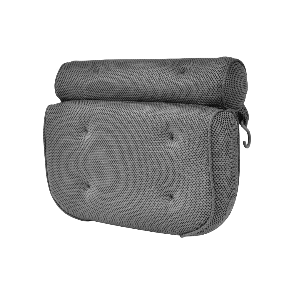 Introducing the Free Soft Bathtub Pillows For Whirlpool Spa Tubs: a stylish gray, rectangular pillow featuring a netted texture with tufted buttons, topped off with a cylindrical bolster. The pillow has rounded corners and comes equipped with a convenient zipper on one side.