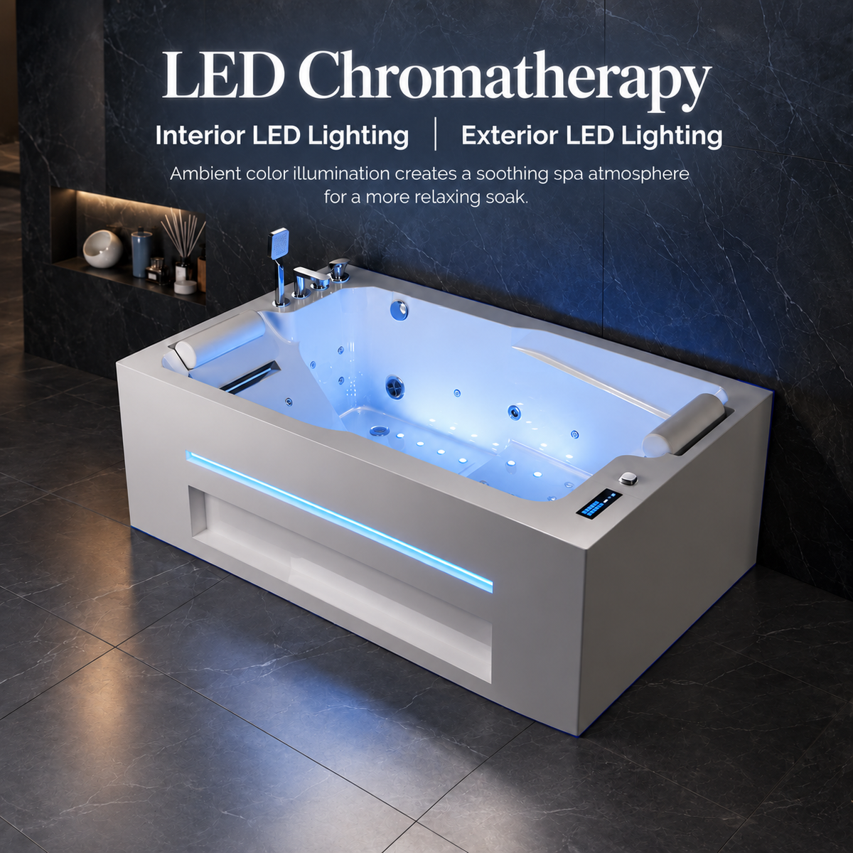 Baignoire LED de 71 pouces à alcôve et massage pour 2 personnes avec réchauffeur intégré et vidange à gauche