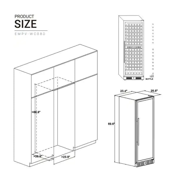 A technical diagram illustrating the dimensions of the Empava Dual Zone Wine Cooler 70" Tall Wine Fridge, featuring three views: front, side, and inside with a filled bottle rack. Measurements indicated are 23.4" wide, 28.6" deep, and 69.6" tall, capable of holding up to 160 bottles with an enormous capacity.