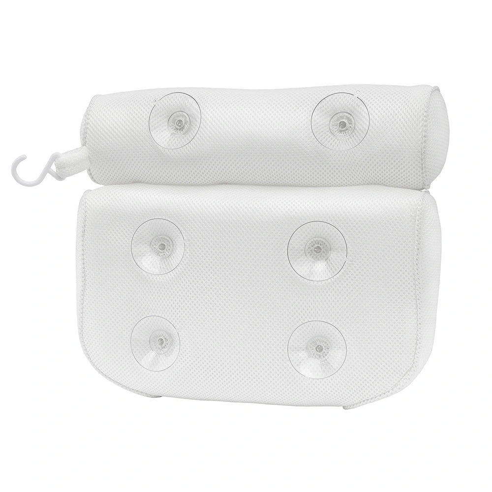 The Soft Bathtub Pillow for Whirlpool Spa Tubs is a white cushioned pillow equipped with suction cups on the back to ensure secure placement in your bathtub. It includes a hook for convenient hanging and boasts a textured surface for enhanced comfort and stability.