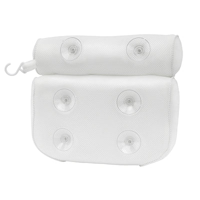 The Soft Bathtub Pillow for Whirlpool Spa Tubs is a White cushioned pillow equipped with suction cups on the back to ensure secure placement in your bathtub. It includes a hook for convenient hanging and boasts a textured surface for enhanced comfort and stability.