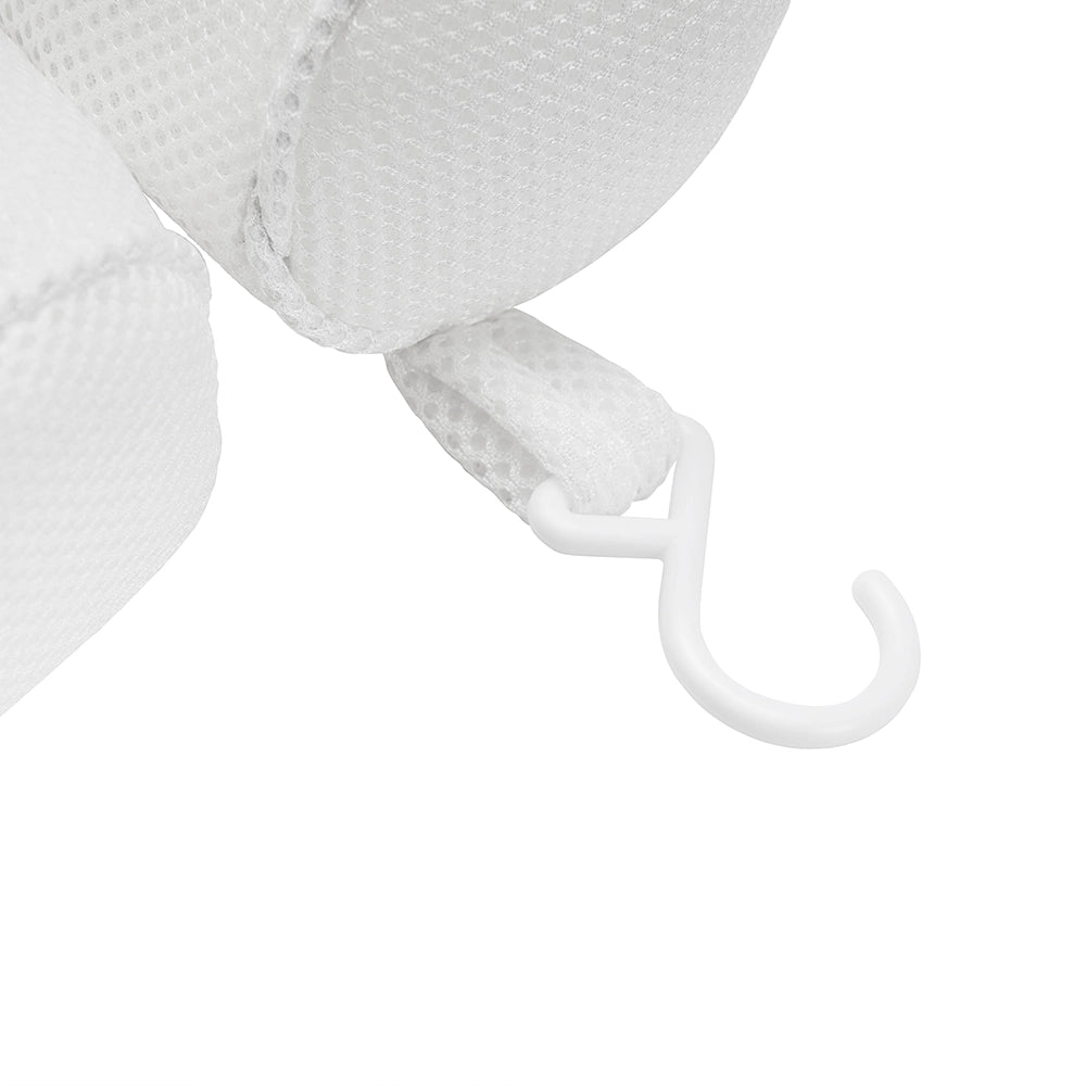 Close-up of a Soft Bathtub Pillow for Whirlpool Spa Tubs featuring a durable fabric loop attached to a white plastic hook. The textured material appears breathable and suitable for extended use in bathtubs. The hook suggests easy hanging or attachment to other surfaces.