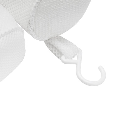 Close-up of a Soft Bathtub Pillow for Whirlpool Spa Tubs featuring a durable fabric loop attached to a White plastic hook. The textured material appears breathable and suitable for extended use in bathtubs. The hook suggests easy hanging or attachment to other surfaces.