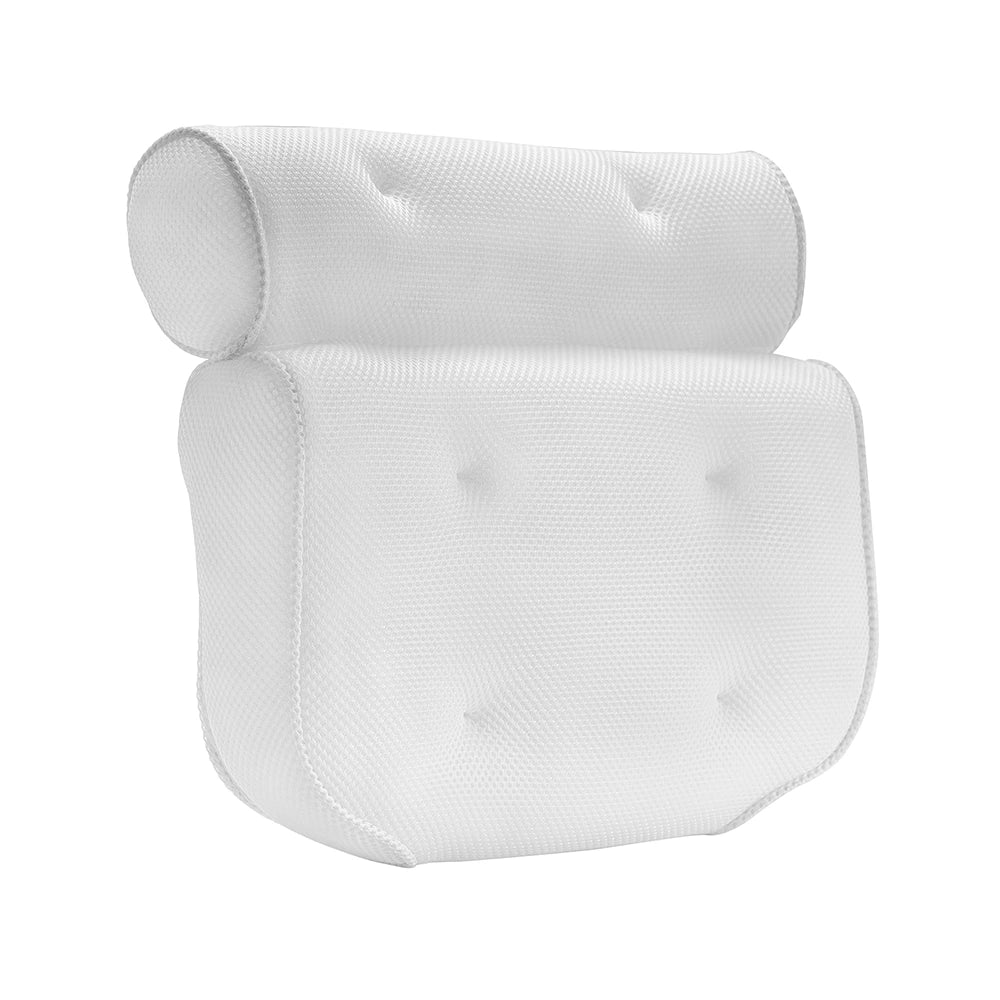 The Soft Bathtub Pillow for Whirlpool Spa Tubs is an ergonomically designed, white, tufted pillow with a mesh fabric cover and a cylindrical bolster on top. It features a textured surface with visible stitching along the edges for added support and comfort.