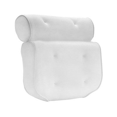 The Soft Bathtub Pillow for Whirlpool Spa Tubs is an ergonomically designed, White, tufted pillow with a mesh fabric cover and a cylindrical bolster on top. It features a textured surface with visible stitching along the edges for added support and comfort.