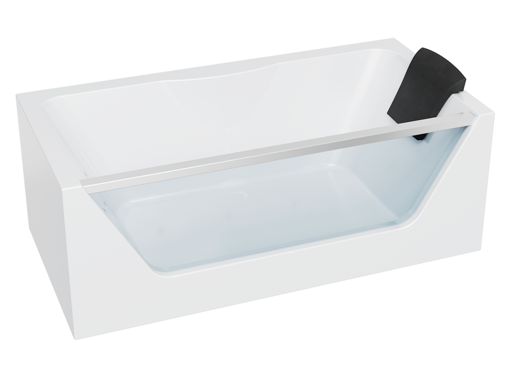 A modern white Empava bathtub with a minimalist design, featuring a slanted backrest for comfort. The bathtub has a sleek and smooth appearance with clean lines.