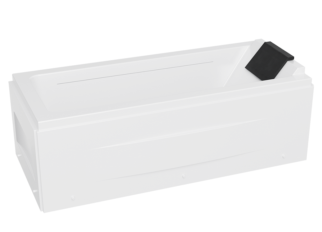 A white Empava bathtub with a rectangular black headrest positioned at one end. The bathtub has a simple and modern design with clean, straight lines.