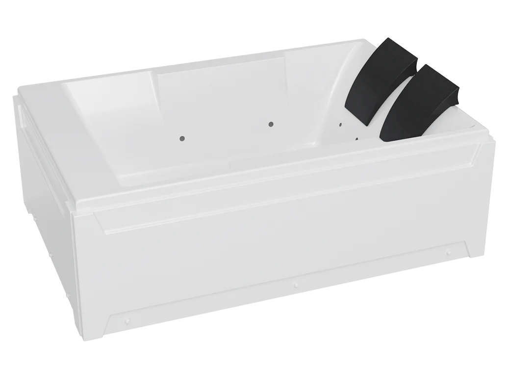 A sleek, rectangular white Empava bathtub with two slanted black headrests at one end. The bathtub features a minimalistic design with smooth, clean lines and a modern aesthetic.