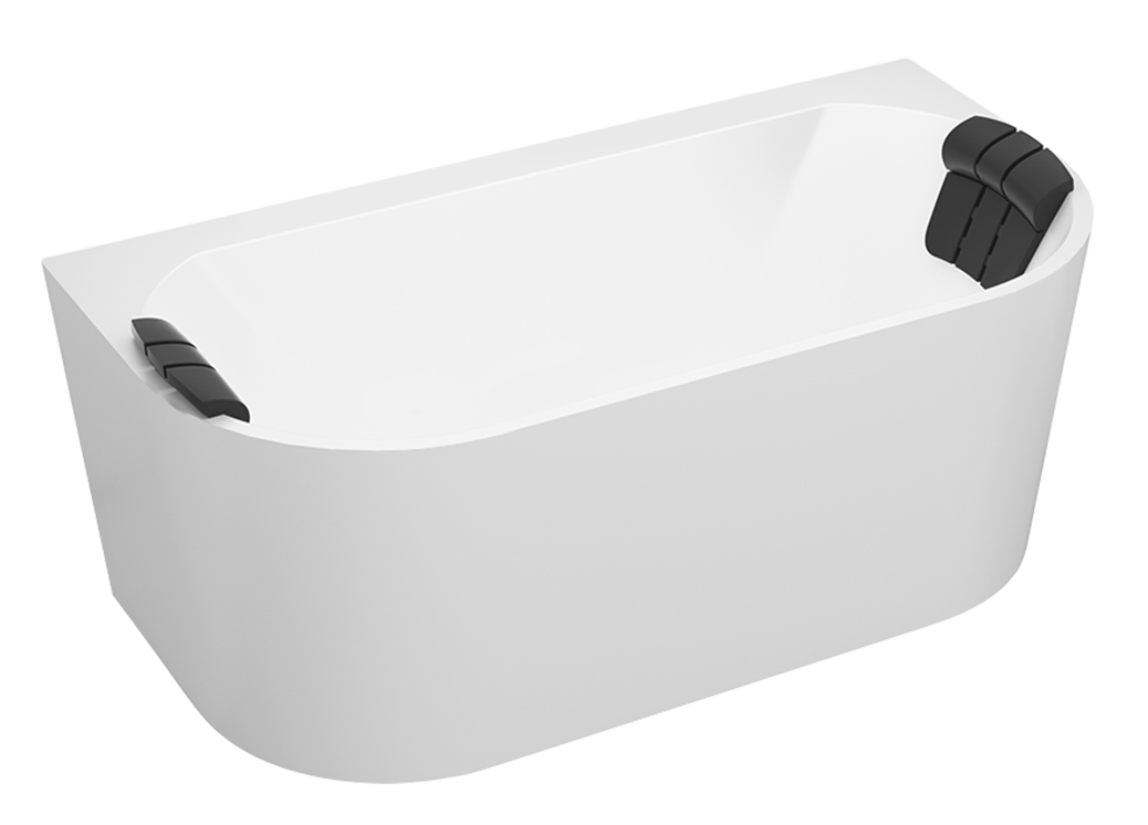 A white freestanding bathtub by Empava with a modern design featuring rounded edges and two black headrests, one on each end. The tub has a sleek, minimalist appearance with no visible faucets or fixtures.